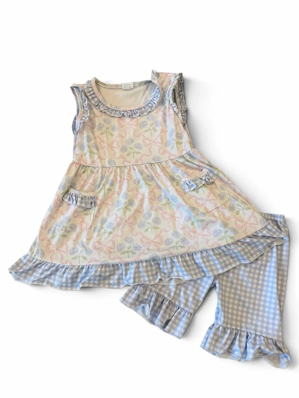 Girls Pastel Floral & Gingham Ruffle Pajama Set - Blue